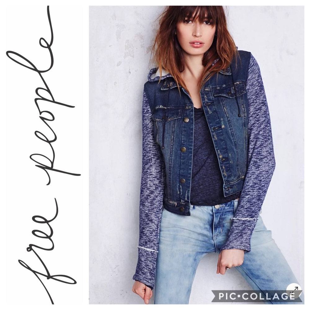 Free People Denim Knit Sleeve Jacket {Indigo} M - Picture 1 of 7